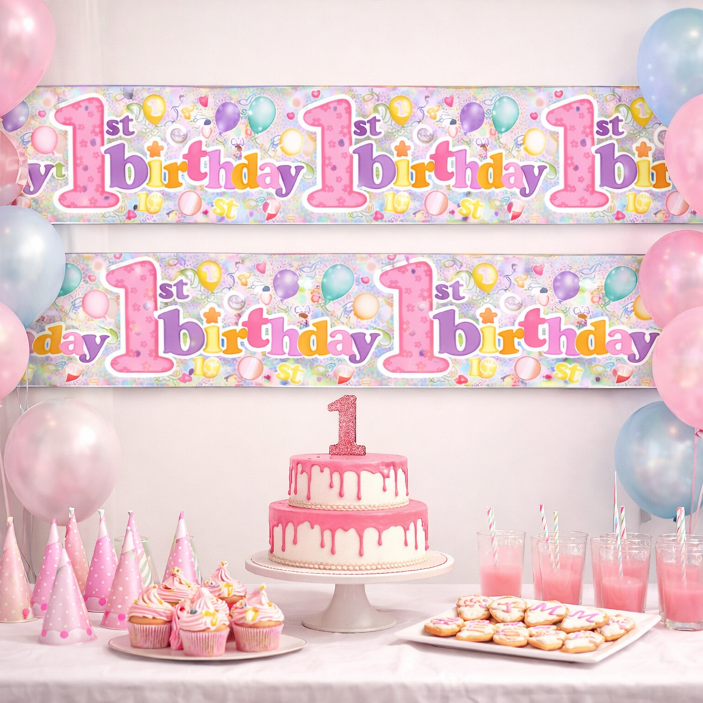 Happy 1st Birthday Banner for Girls – Extra Wide 2.7m Foil Holographic Party Decoration, Hot Pink Shiny Sparkly Giant Birthday Girl Banner, Recyclable Eco Friendly Age One Party Decor