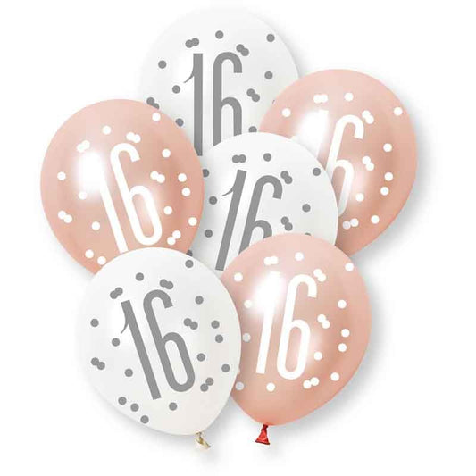 Age 16 Rose Gold & White Latex Balloons 16th