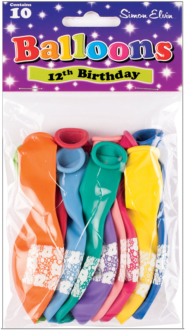 Age 12 Multicolor Birthday Balloons 10 Per Pack