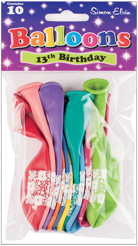 Age 13 Multicolor Birthday Balloons 10 Per Pack