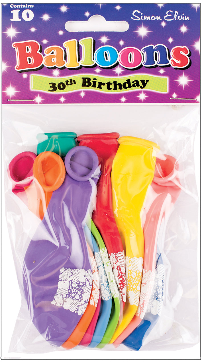 Age 30 Multicolor Birthday Balloons 10 Per Pack