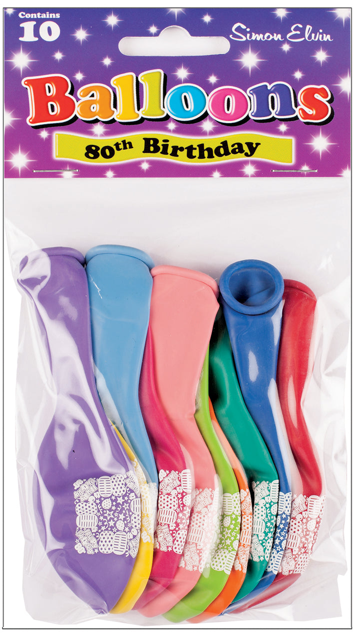 Age 80  Multicolor Birthday Balloons 10 Per Pack