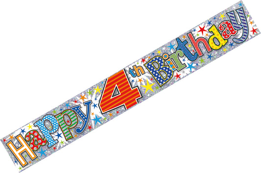 Age 4 Birthday Banner Blue And Silver Holographic Recyclable 4th Birthday Party Banner Garland Decoration