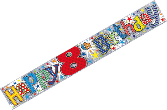 Age 8 Birthday Banner Blue And Silver Holographic Recyclable 8th Birthday Party Banner Garland Decoration