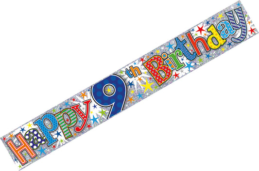 Age 9 Birthday Banner Blue And Silver Holographic Recyclable 9th Birthday Party Banner Garland Decoration