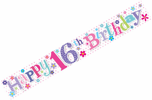 Age 16 Birthday Banner Pink And Silver Holographic Flower Recyclable Sweet Sixteen 16th Birthday Party Banner Garland Decoration
