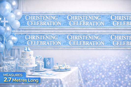 Boy’s Christening Party Banner Blue – Extra Wide Giant Holographic Foil Garland | Religious Church Décor | Sparkly Shiny Recyclable Eco Friendly Decoration