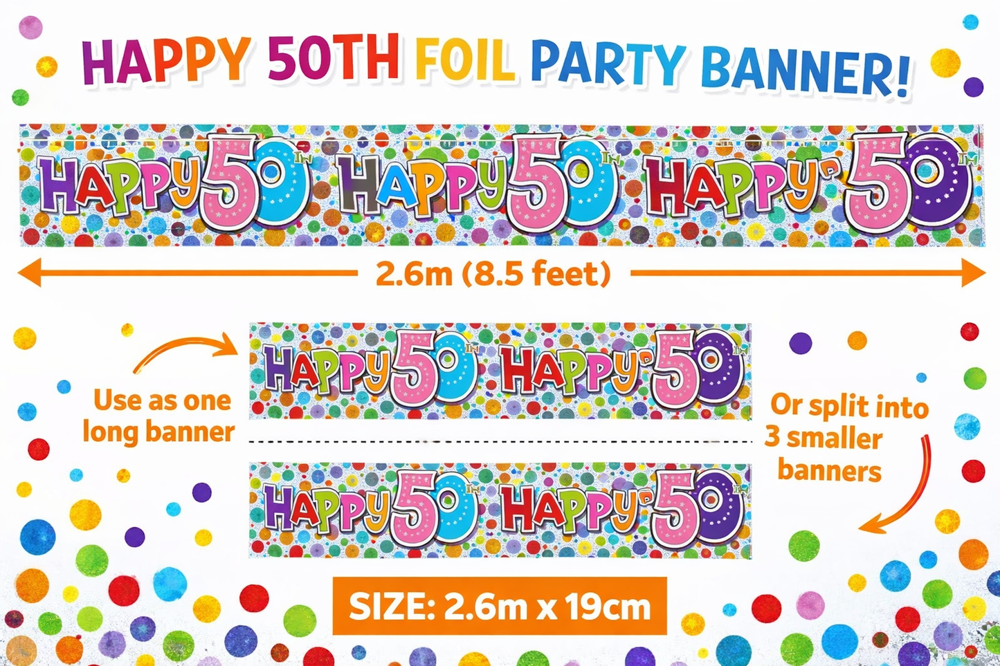 50th Birthday Extra Wide Party Banner – Holographic Sparkly Multicolour Polka Dot Unisex Recyclable Eco Friendly Decoration 2.6m x 19cm