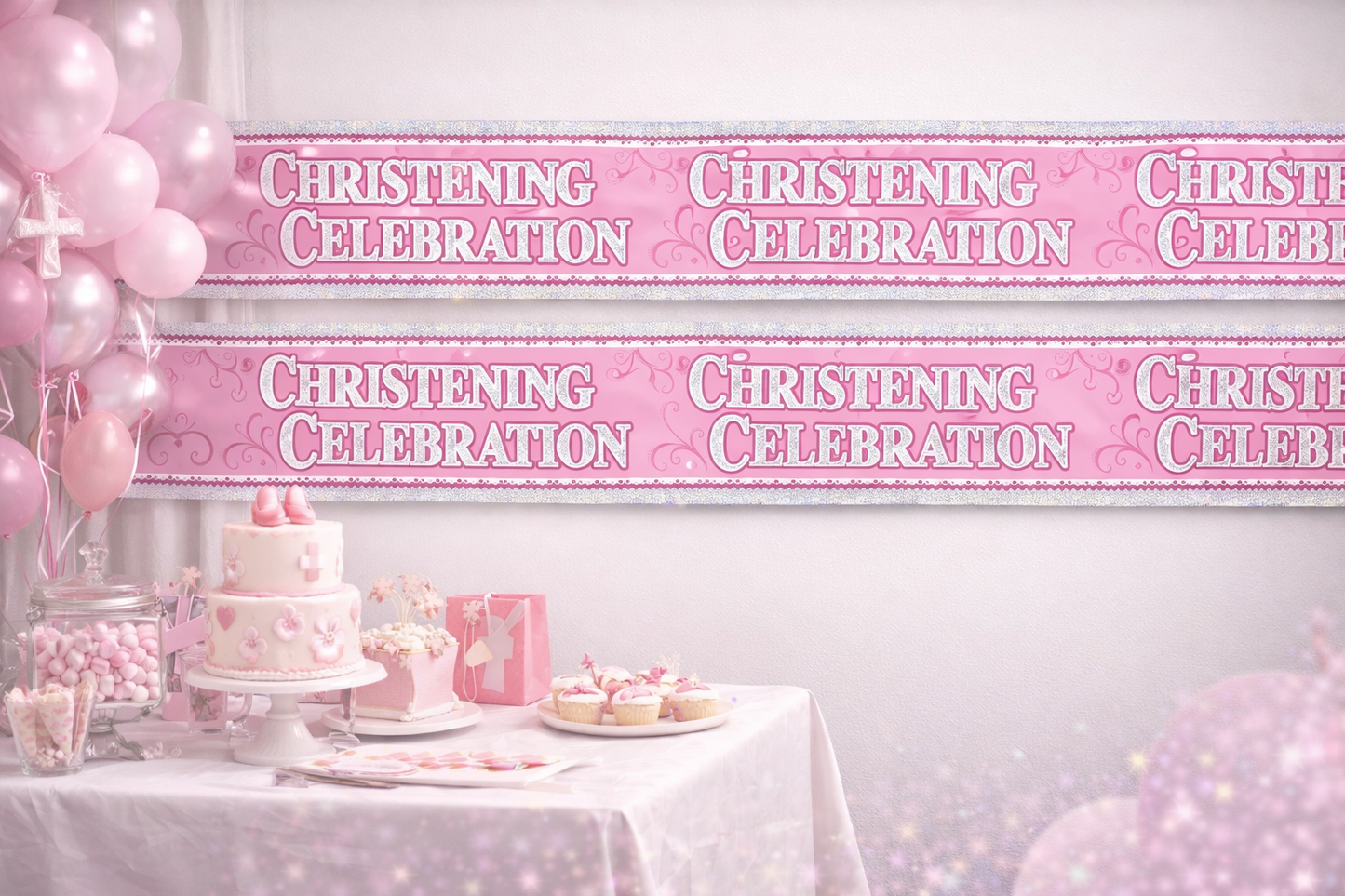 Pink Christening Banner for Girls, Extra Wide Foil Party Garland, Religious Church Decoration, Eco Friendly Recyclable Holographic Sparkly Banner, 2.7m Giant Wall Décor