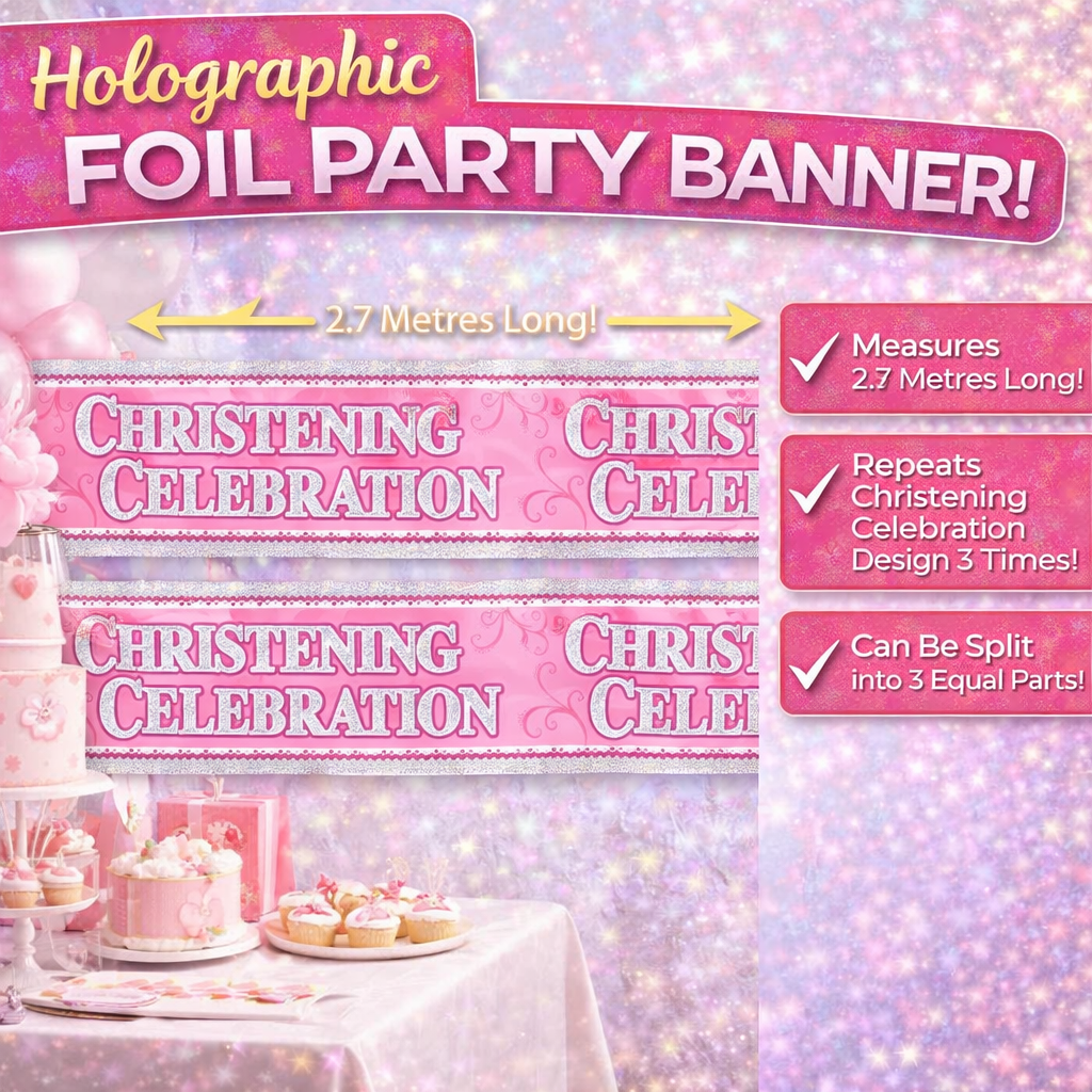 Pink Christening Banner for Girls, Extra Wide Foil Party Garland, Religious Church Decoration, Eco Friendly Recyclable Holographic Sparkly Banner, 2.7m Giant Wall Décor