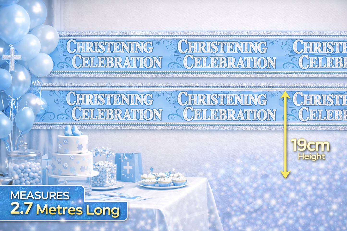 Boy’s Christening Party Banner Blue – Extra Wide Giant Holographic Foil Garland | Religious Church Décor | Sparkly Shiny Recyclable Eco Friendly Decoration