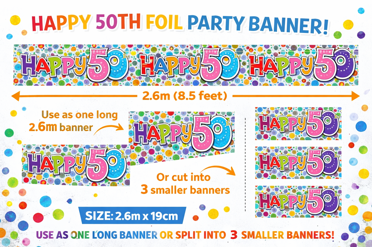 50th Birthday Extra Wide Party Banner – Holographic Sparkly Multicolour Polka Dot Unisex Recyclable Eco Friendly Decoration 2.6m x 19cm