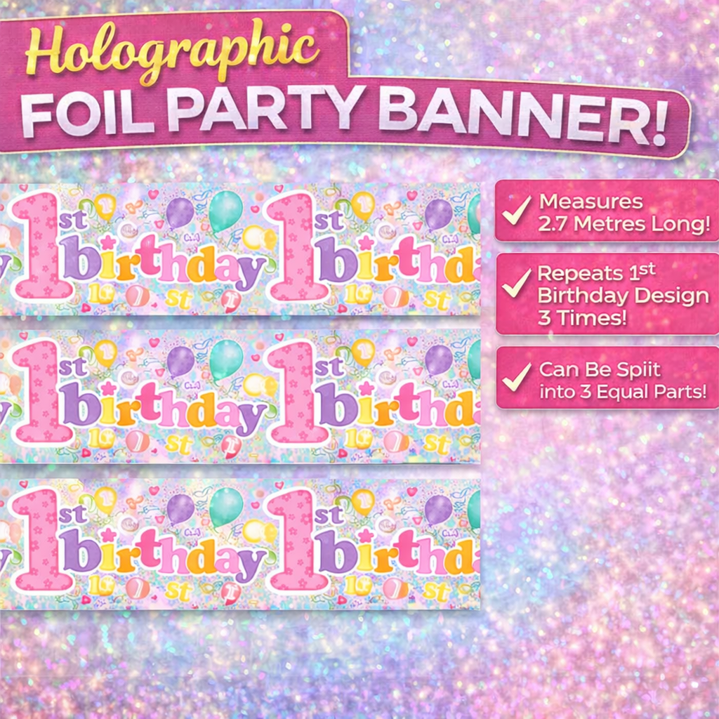 Happy 1st Birthday Banner for Girls – Extra Wide 2.7m Foil Holographic Party Decoration, Hot Pink Shiny Sparkly Giant Birthday Girl Banner, Recyclable Eco Friendly Age One Party Decor