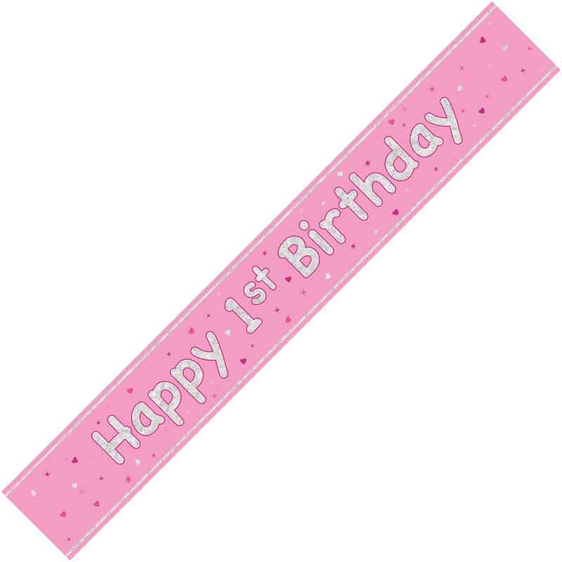 Happy 1st Birthday Pink holographic Banner