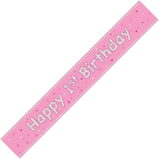 Happy 1st Birthday Pink holographic Banner