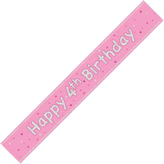 Happy 4th Birthday Pink holographic Banner