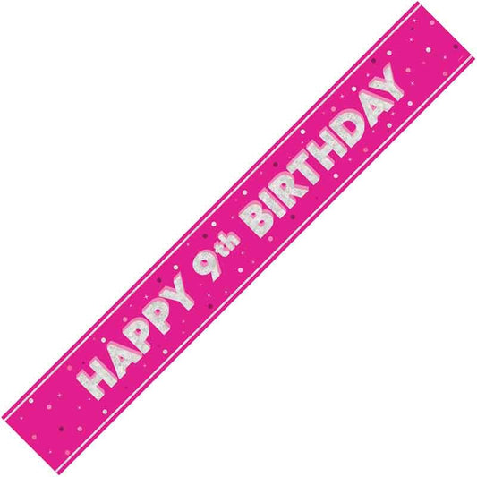 Happy 9th Birthday Pink holographic Banner