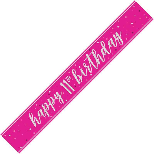 Happy 11th Birthday Pink Holographic Banner