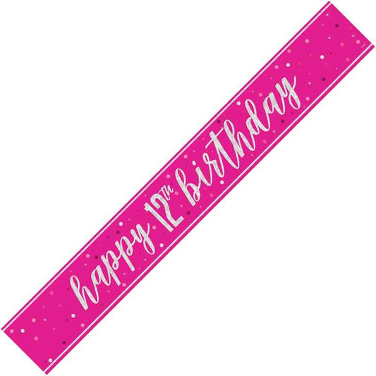 Happy 12th Birthday Pink Holographic Banner