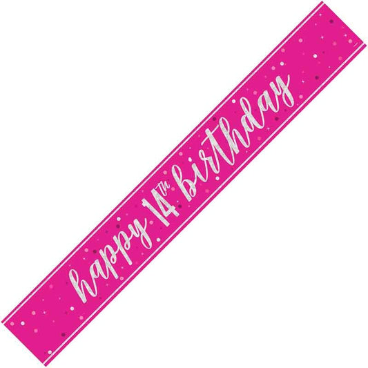 Happy 14th Birthday Pink Holographic Banner