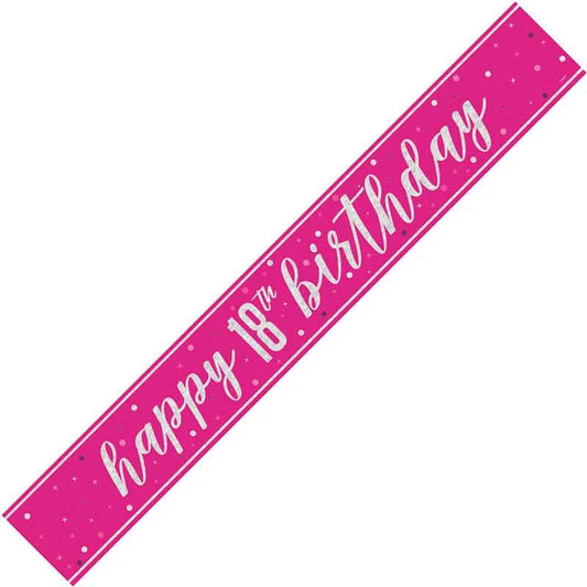 Age 18 Pink & Silver Foil Banner Happy 18th Birthday