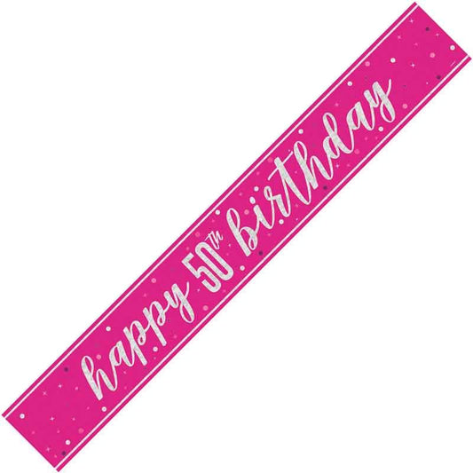 Age 50 Pink & Silver Foil Banner Happy 50th Birthday