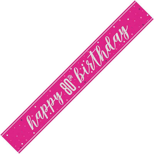 Age 80 Pink & Silver Foil Banner Happy 80th Birthday