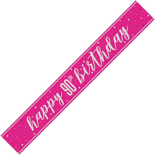Age 90 Pink & Silver Foil Banner Happy 90th Birthday