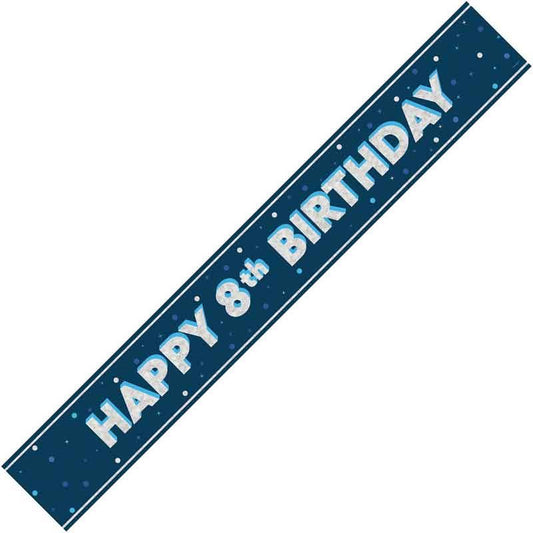 Age 8 Blue & Silver Foil Banner Happy 8th Birthday