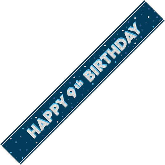 Age 9 Blue & Silver Foil Banner Happy 9th Birthday