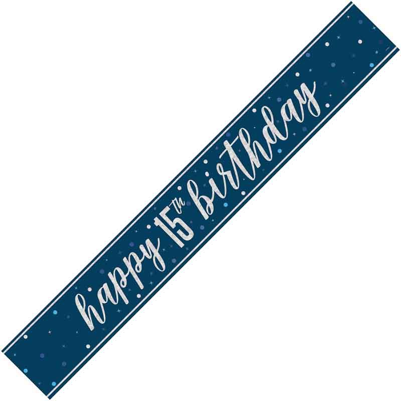 Age 15 Blue & Silver Foil Banner Happy 15th Birthday