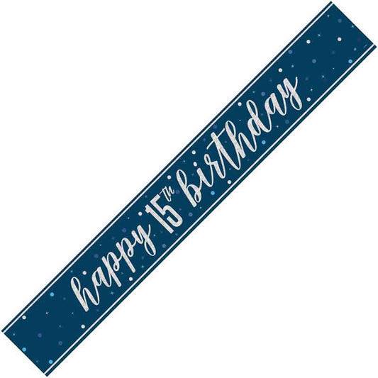 Age 15 Blue & Silver Foil Banner Happy 15th Birthday
