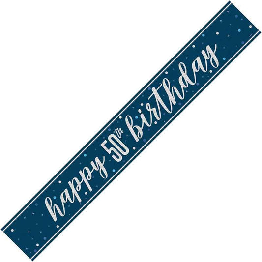 Age 50 Blue & Silver Foil Banner Happy 50th Birthday