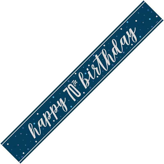 Age 70 Blue & Silver Foil Banner Happy 70th Birthday