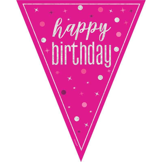 Pink & Silver Prismatic Plastic Flag Banner Bunting Happy Birthday