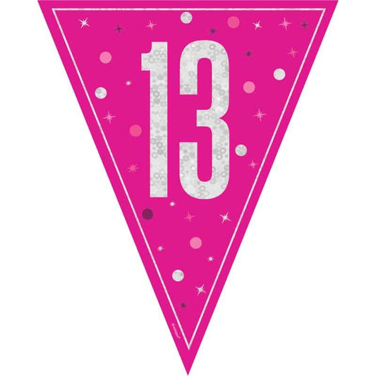 Age 13 Pink & Silver Prismatic Plastic Flag Banner Bunting 13th