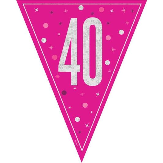 Age 40 Pink & Silver Prismatic Plastic Flag Banner Bunting 40th