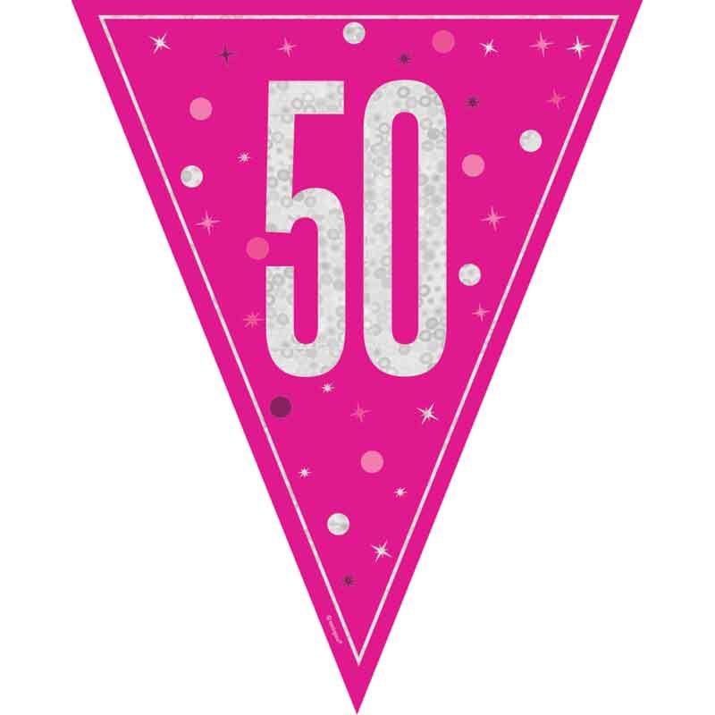 Age 50 Pink & Silver Prismatic Plastic Flag Banner Bunting 50th