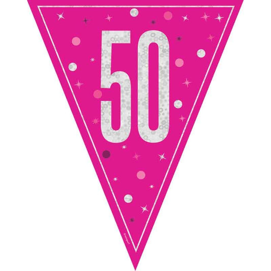 Age 50 Pink & Silver Prismatic Plastic Flag Banner Bunting 50th