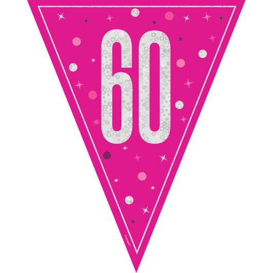 Age 60 Pink & Silver Prismatic Plastic Flag Banner Bunting 60th