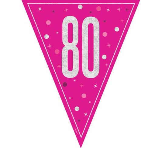 Age 80 Pink & Silver Prismatic Plastic Flag Banner Bunting 80th