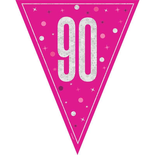 Age 90 Pink & Silver Prismatic Plastic Flag Banner Bunting 90th
