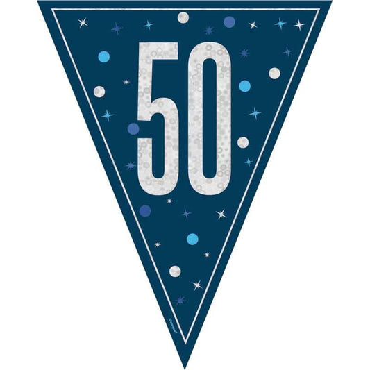 Age 50 Blue & Silver Prismatic Plastic Flag Banner Bunting 50th