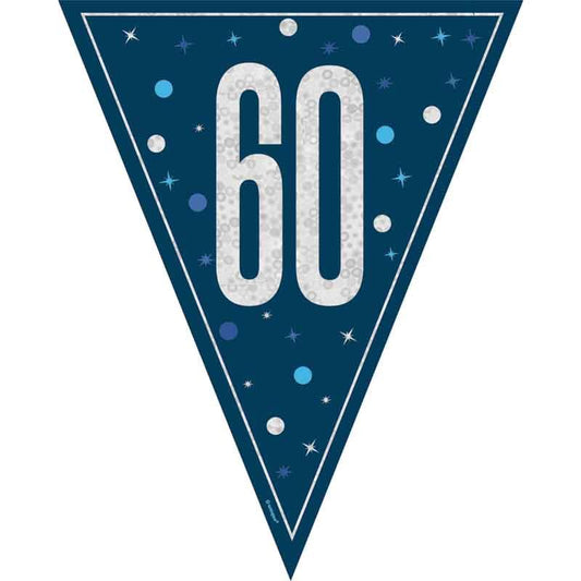 Age 60 Blue & Silver Prismatic Plastic Flag Banner Bunting 60th