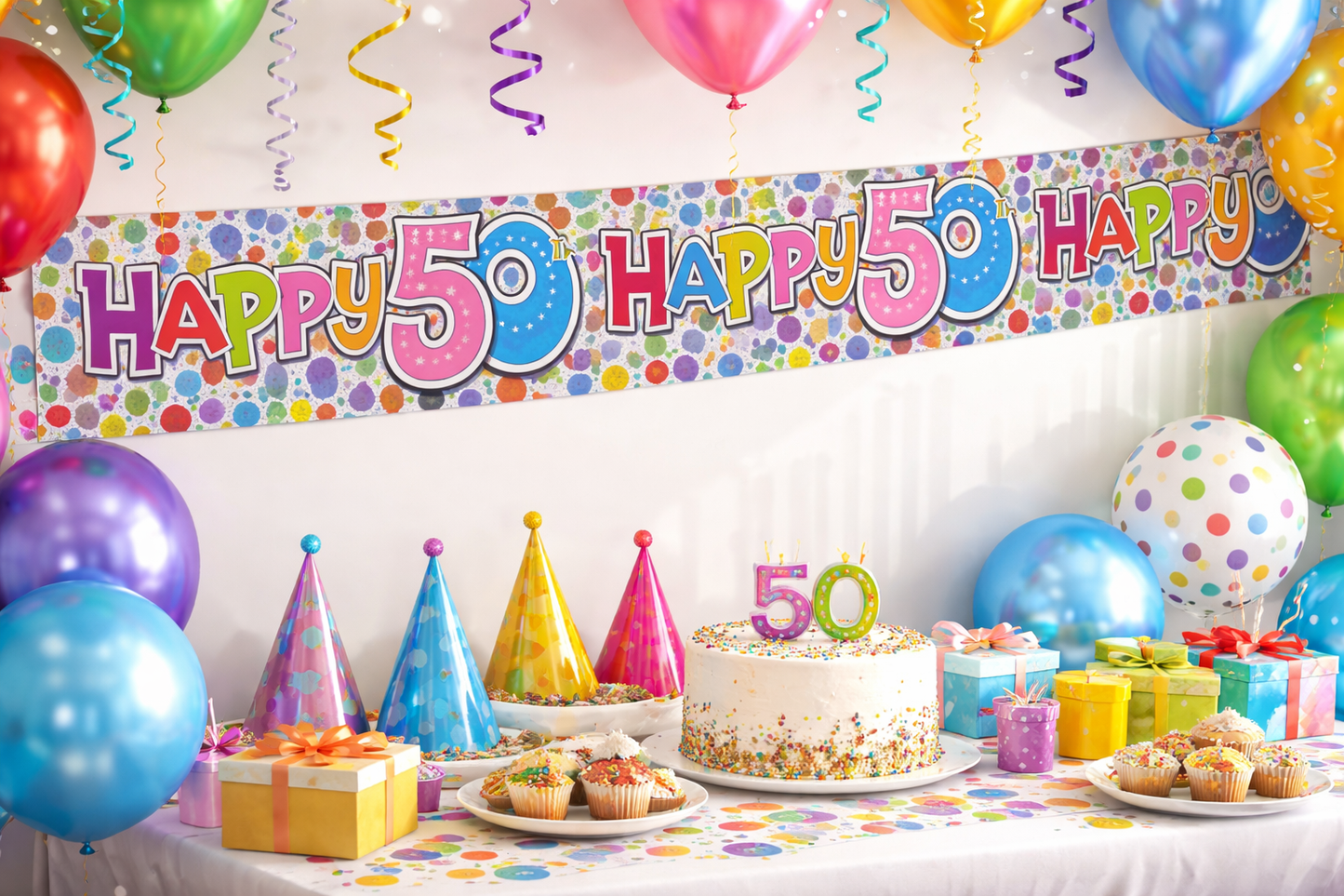 50th Birthday Extra Wide Party Banner – Holographic Sparkly Multicolour Polka Dot Unisex Recyclable Eco Friendly Decoration 2.6m x 19cm
