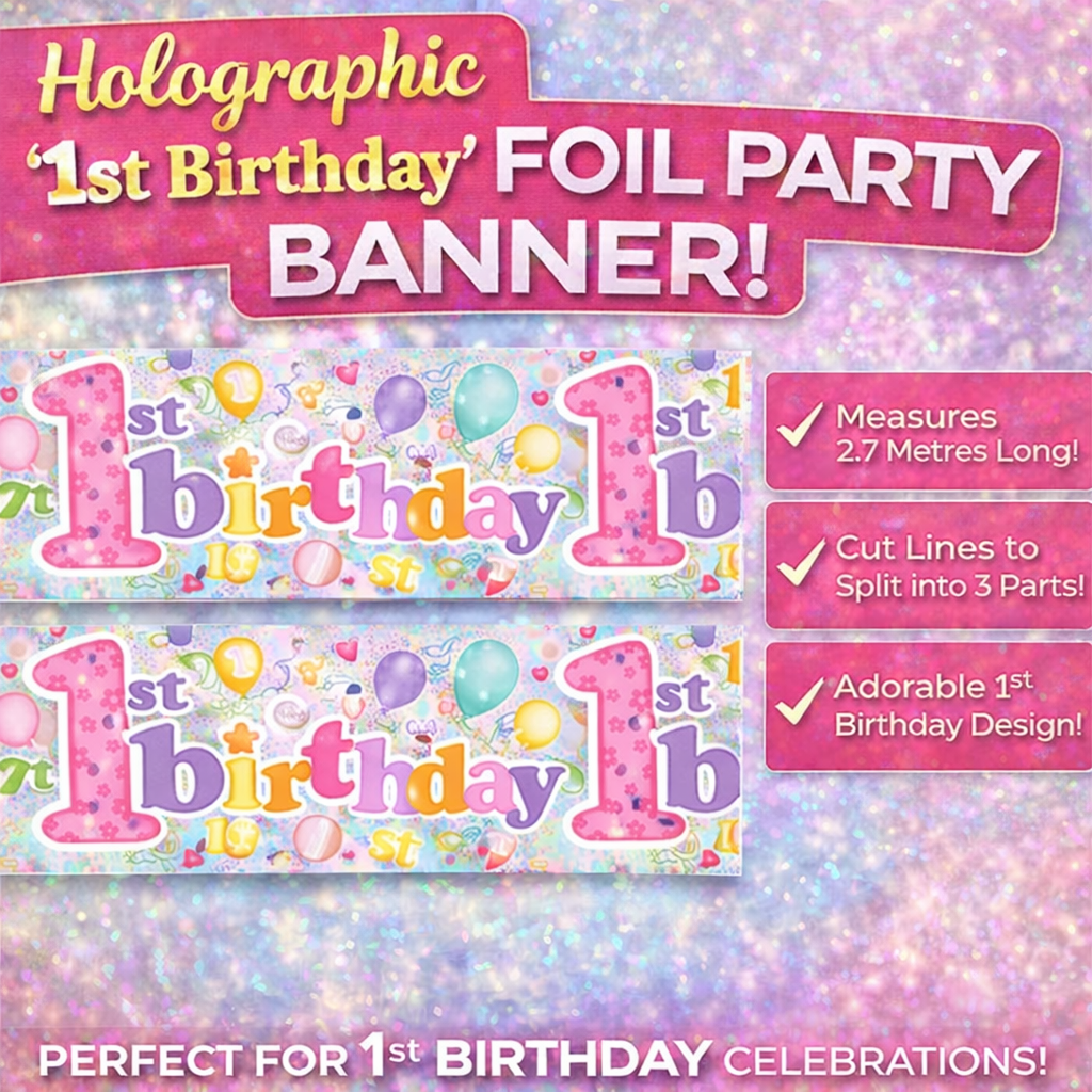 Happy 1st Birthday Banner for Girls – Extra Wide 2.7m Foil Holographic Party Decoration, Hot Pink Shiny Sparkly Giant Birthday Girl Banner, Recyclable Eco Friendly Age One Party Decor