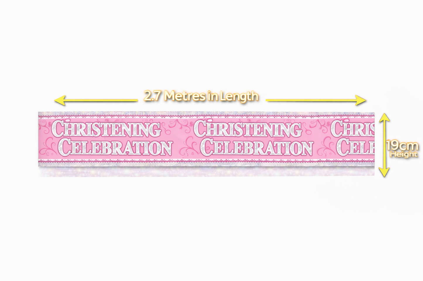 Pink Christening Banner for Girls, Extra Wide Foil Party Garland, Religious Church Decoration, Eco Friendly Recyclable Holographic Sparkly Banner, 2.7m Giant Wall Décor