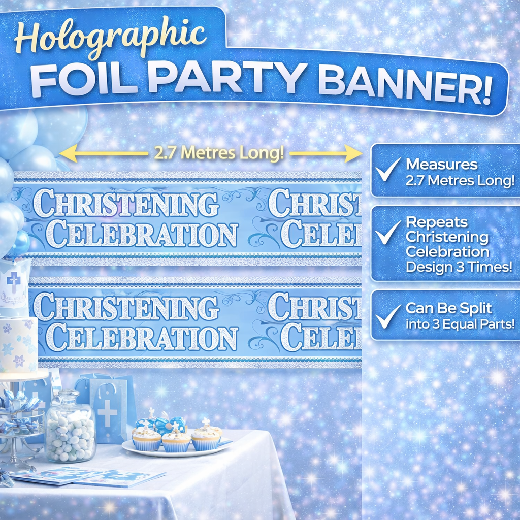 Boy’s Christening Party Banner Blue – Extra Wide Giant Holographic Foil Garland | Religious Church Décor | Sparkly Shiny Recyclable Eco Friendly Decoration