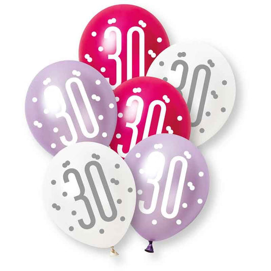 Age 30 Pink, Lavender & White Latex Balloons 30th
