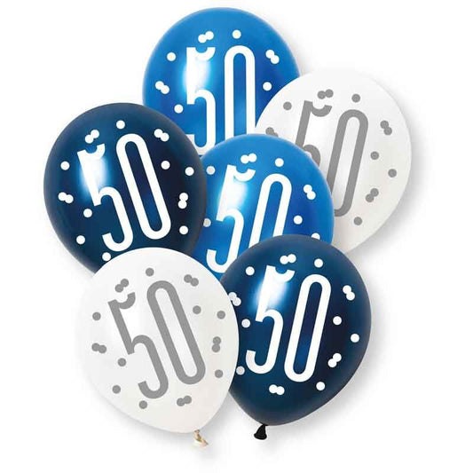 Age 50 Blue, Silver, & White Latex Balloons 50th